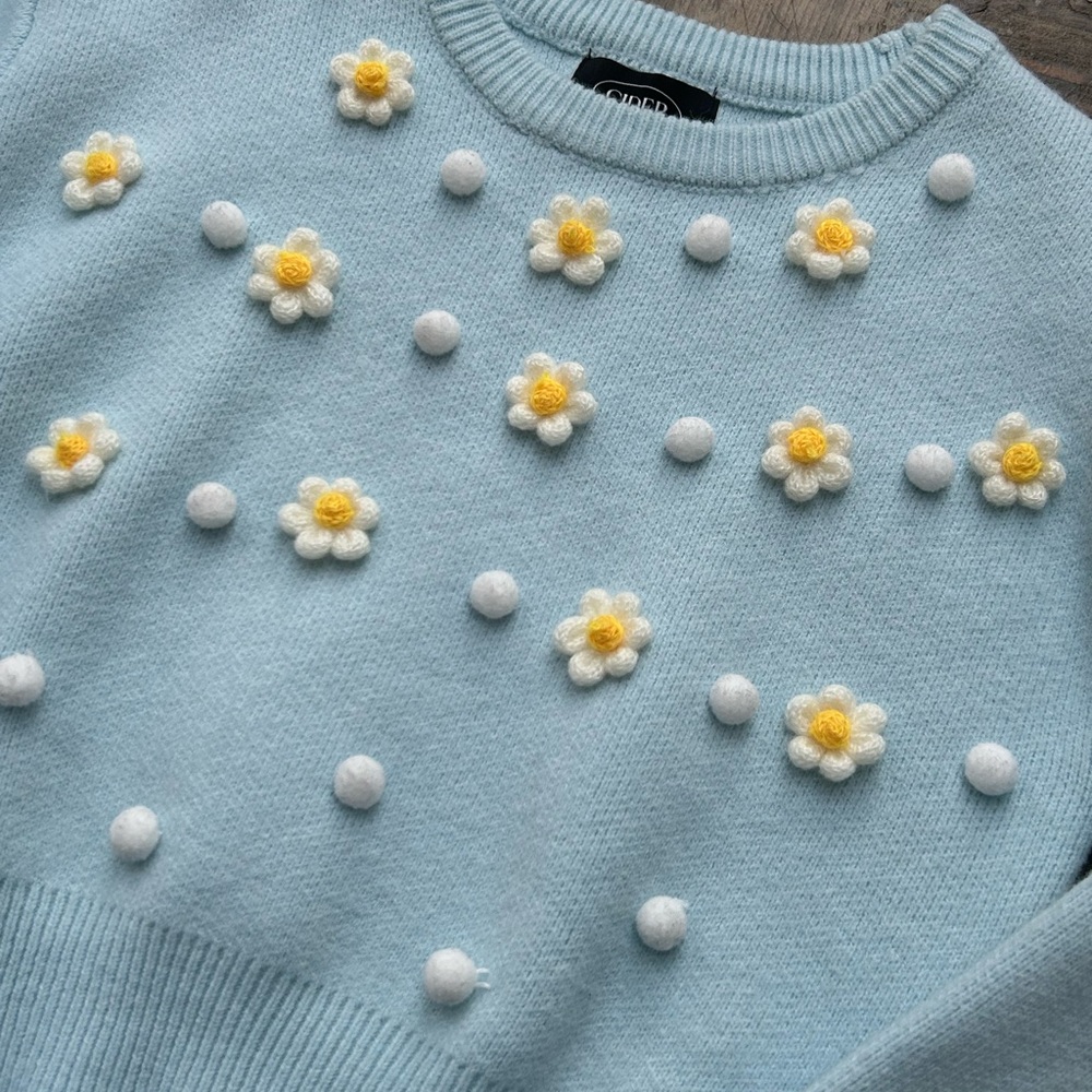 Cider Pastel Blue Sweater with Floral Accents